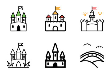Fototapeta premium Line Art drawing of a majestic fairy tale castle on a hill, surrounded by nature and set against a serene sky