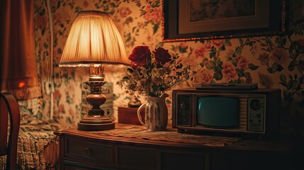 A cozy vintage living room featuring a classic television set. a warm lamp illuminating a side table. and patterned wallpaper with framed pictures. evoking nostalgia and comfort