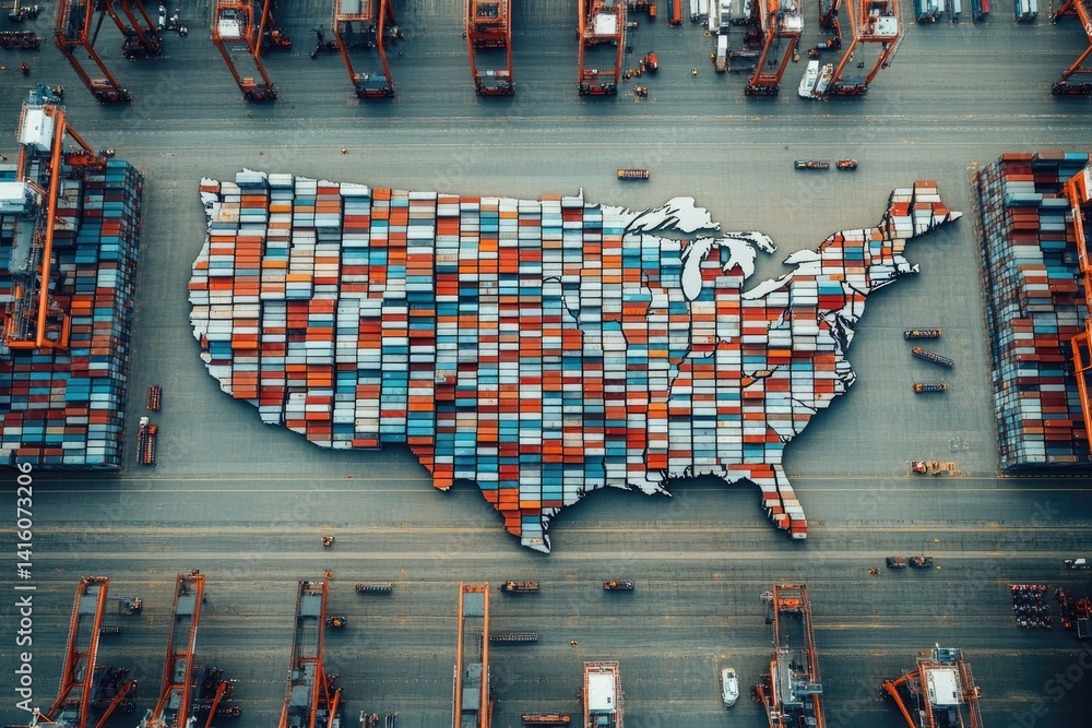 Poster aerial view of a large map of the united states created from colorful shipping containers arranged i