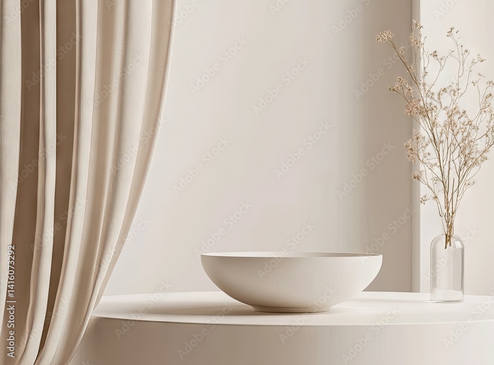 Aufkleber a minimalistic still life featuring a smooth. white bowl centered on a cylindrical pedestal. with so