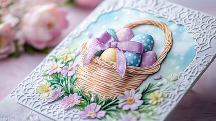 Decorative Easter Basket with Colored Eggs and Flowers
