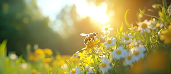 Obraz premium A serene scene of bees pollinating vibrant flowers in a sunlit meadow. showcasing nature's beauty and the importance of pollinators in a lush. colorful environment