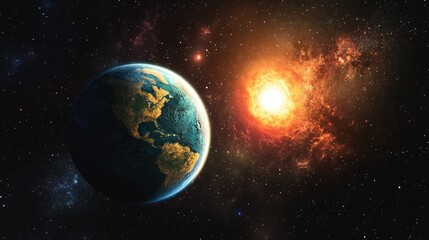 Obraz premium A stunning cosmic scene depicting Earth in the foreground with a vibrant sun and swirling galaxy in the background. illustrating the vastness of space and celestial beauty