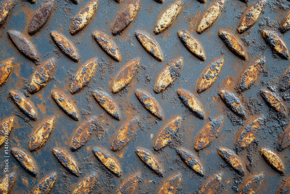 Poster close-up view of a weathered metal surface featuring a textured pattern of rusty diamond plate. show