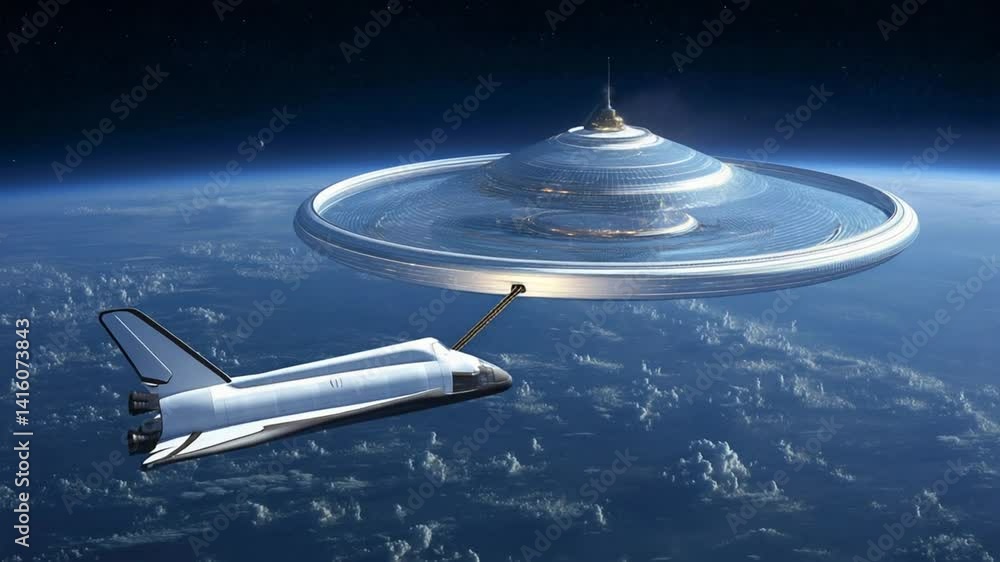 Poster shuttle approaches rotating habitat ring in low earth orbit generative ai