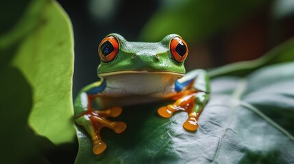 Fototapeta premium Red-eyed tree frog on leaf, rainforest, close-up, vibrant, nature, wildlife