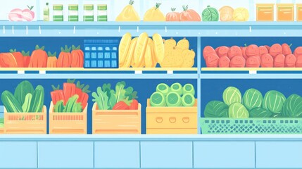 Fresh Produce Grocery Store Shelves, Abundant Fruits Vegetables, Healthy Food Display, Shopping Background, Retail Illustration