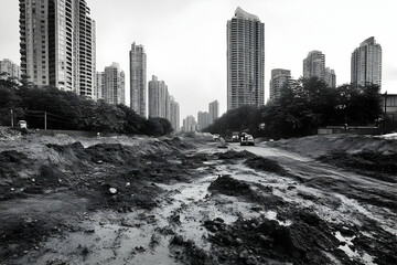 Fototapeta premium Urban construction site with muddy terrain and high-rise buildings in the background