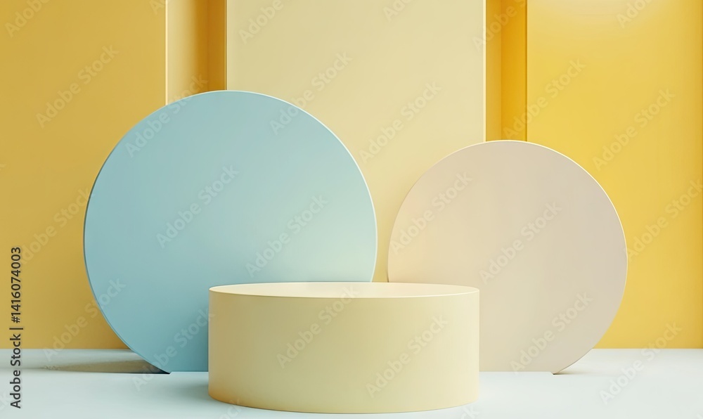 Poster a serene display featuring circular shapes and natural elements on a textured pedestal. set against 