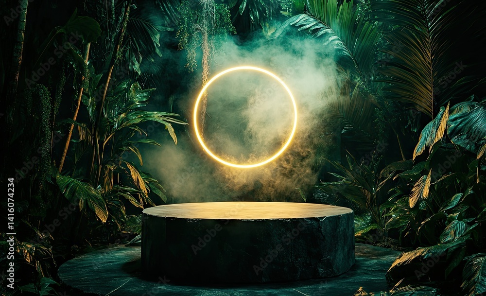 Aufkleber enigmatic circular portal illuminated in neon hues. surrounded by lush tropical vegetation and mist.