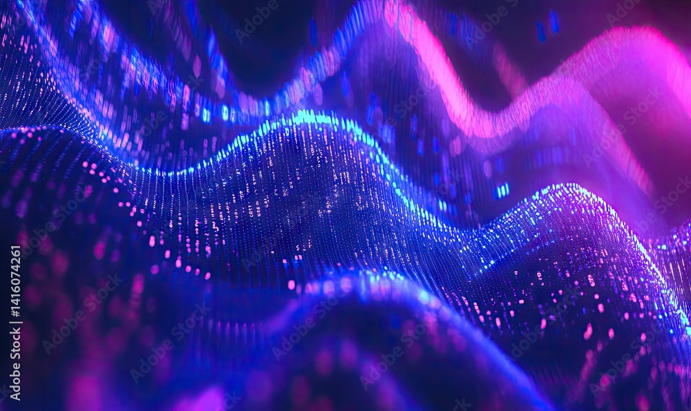Poster vibrant abstract digital artwork featuring flowing waves of pink and blue light particles against a 