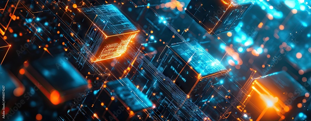 Poster a vibrant. abstract representation of interconnected cubes in a digital space. showcasing a blend of