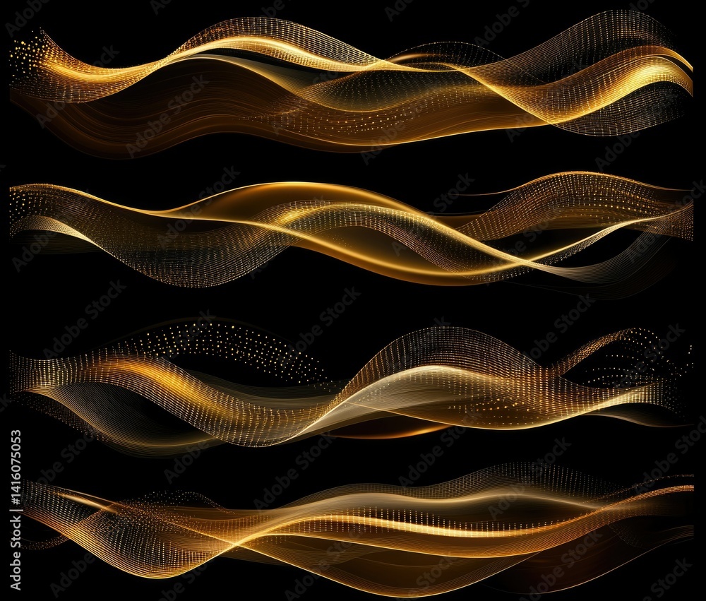 Poster abstract golden wave patterns gracefully flowing against a black background. creating a sense of mov