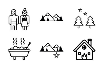 Luxury alpine line art featuring a beautiful snow covered mountain landscape with a relaxing hot tub and cozy cabin