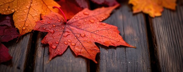 Obraz premium Close-up of vibrant red maple leaves with water droplets resting on a rustic wooden surface. capturing the essence of autumn in a serene natural setting