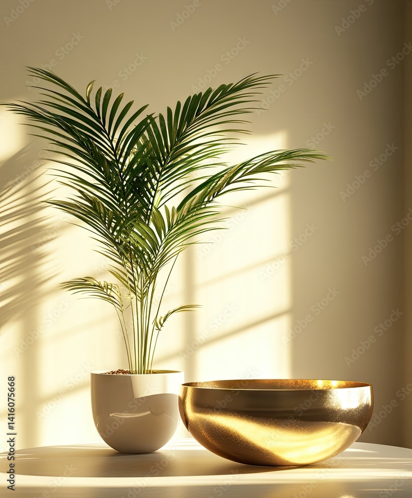 Poster a stylish golden bowl sits on a modern table. illuminated by soft sunlight filtering through a windo