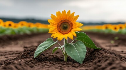 Vibrant Yellow Sunflower in a Field, Cloudy Day