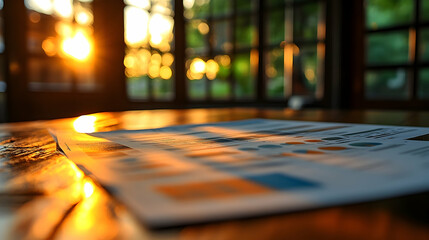 Document with colorful graphs and charts on a wooden table, illuminated by sunset light through windows