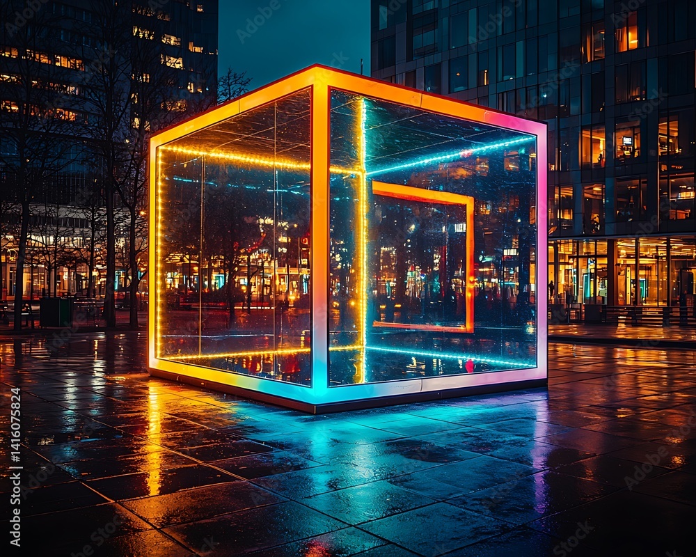 Poster Modern illuminated cube structure in urban setting