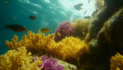 Obraz premium Vibrant underwater scene showcasing colorful coral reefs and diverse fish swimming peacefully