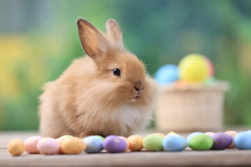 Bunny easter fluffy rabbit eating food, vegetables, carrots, baby corn on green garden nature flowers background on sunny day, Lovely mammal with bright eyes in nature life. Symbol of easter day.