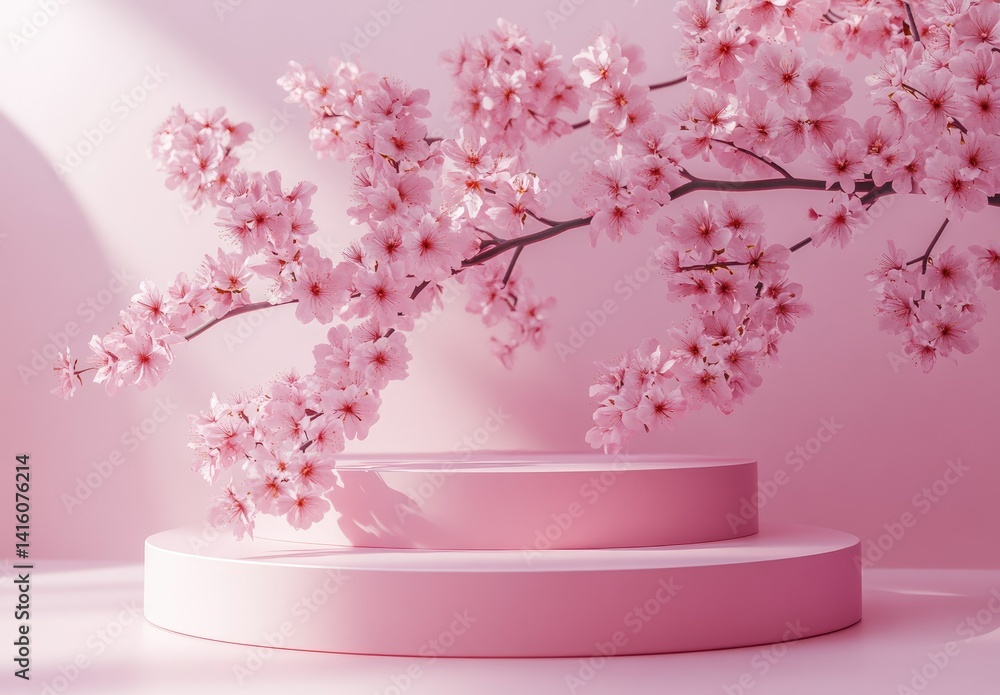 Poster a serene display featuring soft pink circular platforms adorned with delicate cherry blossom branche