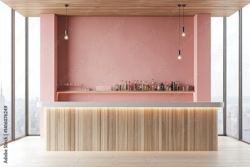 Poster a modern. minimalist reception area featuring a pink counter and large windows with a city skyline v