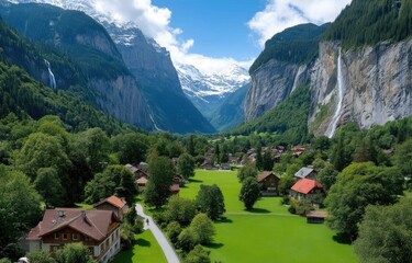 Fototapeta premium Lauterbrunnen village in Switzerland, a green, grassy valley with small houses and a church in the background