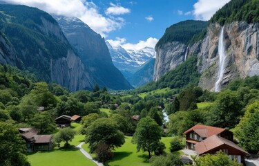 Fototapeta premium Lauterbrunnen village in Switzerland, a green, grassy valley with small houses and a church in the background