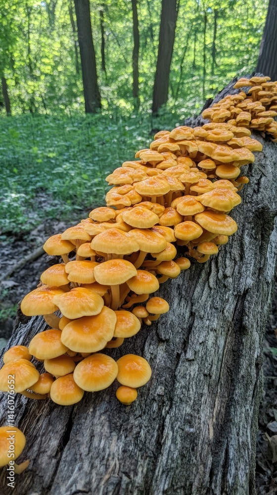 Poster a close-up view of a log in a lush green forest. showcasing a series of vibrant. layered fungi growi
