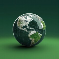 Fototapeta premium A reflective globe showcasing the Americas. set against a smooth green gradient background. symbolizing environmental awareness and global connectivity