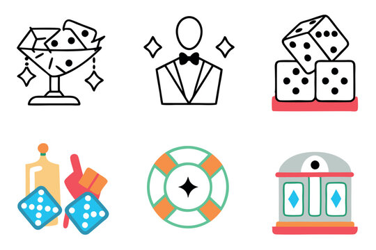 Exclusive casino night cartoon line art with glamorous players, glowing dice, and luxury gaming tables in an energetic atmosphere