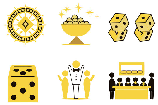 Cartoon line art of a busy luxury casino with stylish gamblers, vibrant lights, and thrilling games like roulette and blackjack - Powered by Adobe