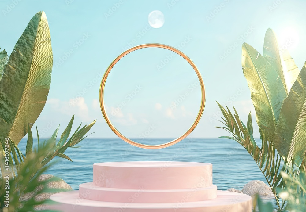 Poster a serene and ethereal landscape featuring a circular portal on a reflective platform. surrounded by 