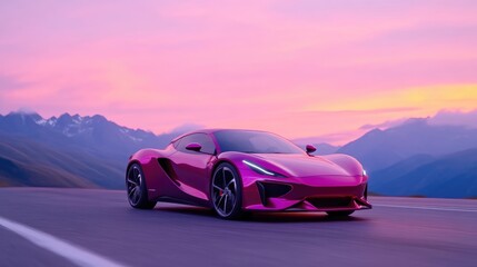 Naklejka premium A sleek, magenta sports car on a scenic mountain road at sunset