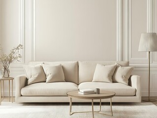 Elegant interior scene featuring a plush white tufted sofa in a bright room with decorative molding. a flowering plant. and a stylish lamp. creating a serene atmosphere