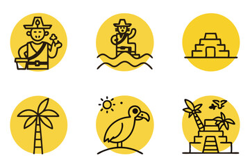Fun pirate themed line art icon set featuring pirates, island scenes, treasure, and jungle elements for adventurous and tropical visuals
