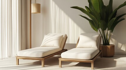 Relaxing lounge chairs, sunny room, plant, calm