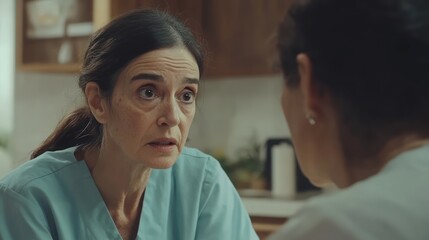 Obraz premium Concerned nurse consults patient kitchen home healthcare