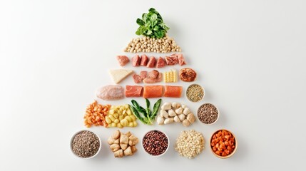 Balanced diet food pyramid, ingredients, white background, healthy eating guide