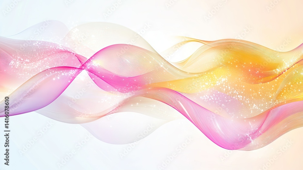 Poster a vibrant abstract wave of pink and yellow colors gracefully flows across a soft gradient background
