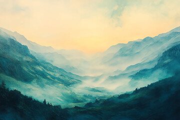 Misty Mountain Valley at Sunrise A Pastel Dream