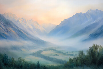 Obraz premium Serene Mountain Valley Sunrise Pastel Fog and Majestic Peaks