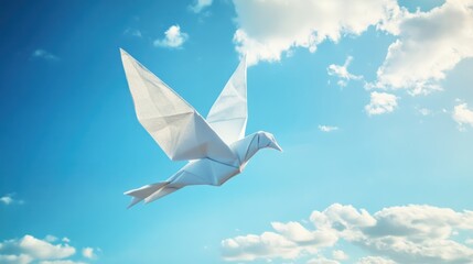 Paper bird origami soaring sunny sky, clouds, hope concept