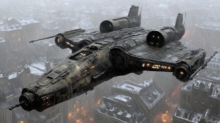 Fototapeta premium Sci-fi spacecraft flying over a futuristic city during a heavy snowstorm at twilight