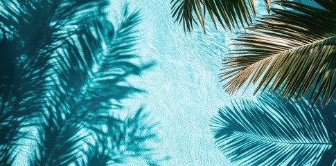 A serene aerial view of a sparkling blue swimming pool surrounded by lush palm trees. capturing the tranquility of a sunny day. perfect for relaxation and leisure activities