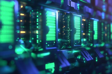 Futuristic server rack with glowing components.  Detailed close-up view of interconnected circuit boards with vibrant green and blue light effects.  High-tech design with intricate details