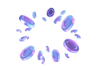 3D holographic coins in circular motion. Abstract currency, balance and reward concept. Vector render illustration.