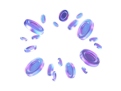 3D holographic coins in circular motion. Abstract currency, balance and reward concept. Vector render illustration.