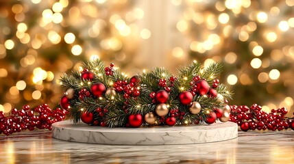 Festive Christmas wreath on marble pedestal.  Christmas decorations, lights, and berries create a warm holiday display